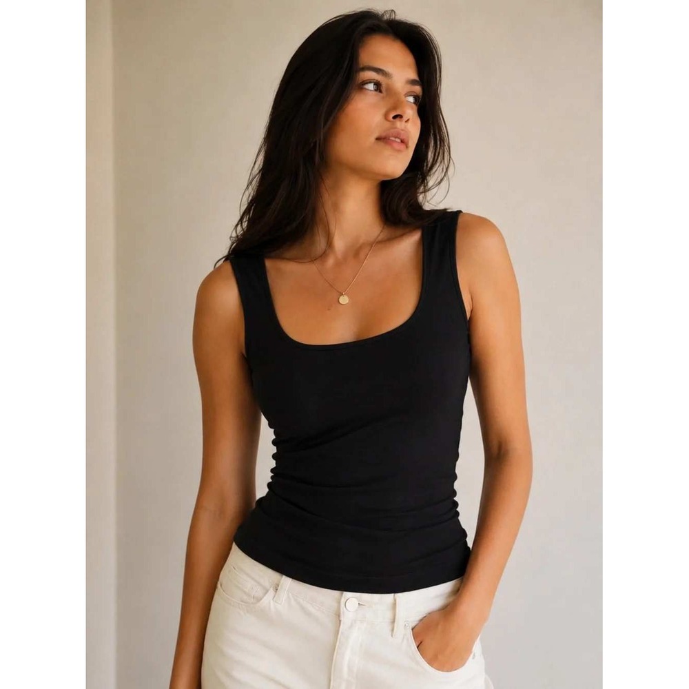 Zara Womens Ribbed Tank Top Black Scoop Neck Cotton Blend Slim Fit Size Small